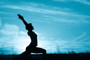 Fototapeta na wymiar Pose yoga sunset in the field slim athletic girl