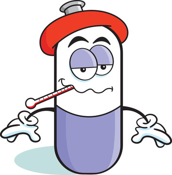 recommend clip art: Cartoon illustration of a pill capsule with a thermometer.