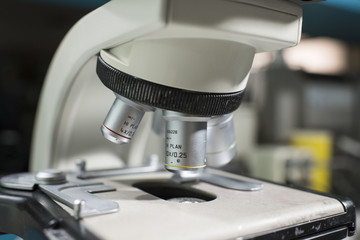 Microscope close-up examining samples