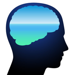 Tranquility - symbolized by a brain with relaxing calm blue ocean vision meditation. Isolated vector illustration on white background.