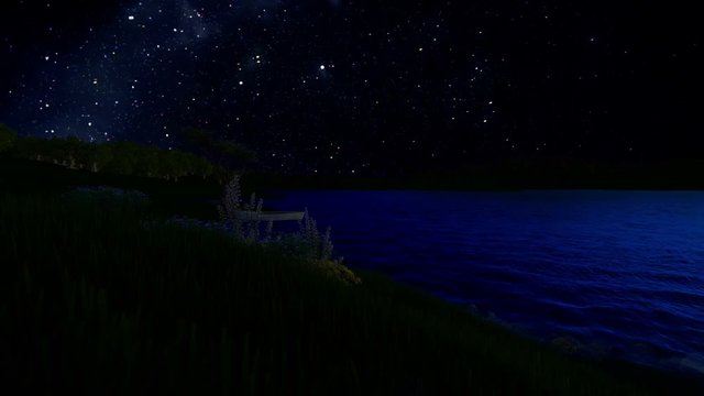 Boat on lake and mountain range, timelapse starry sky
