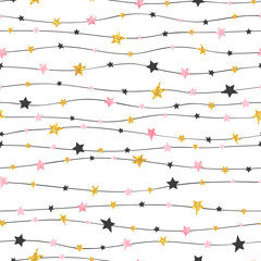 Nahtloses Sternenmuster in rosa, schwarzen und goldenen Farben. Vektor-Feier-Hintergrund.