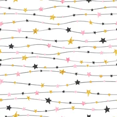 Abwaschbare Tapeten Weihnachtsmotive Nahtloses Sternenmuster in rosa, schwarzen und goldenen Farben. Vektor-Feier-Hintergrund.