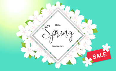 Cherry blossom frame or hello spring flowers frame design in vector