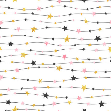Fototapeta Seamless stars pattern in pink, black and golden colors. Vector celebration background. 