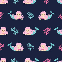 Cute little mermaids seamless pattern. Vector kids background. 