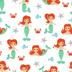 Cute cartoon little mermaid girls seamless pattern on white. Vector background for kids design. 