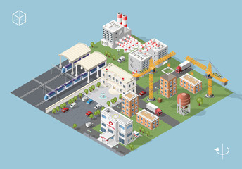 Set of Isolated High Quality Isometric City Elements on Blue Background