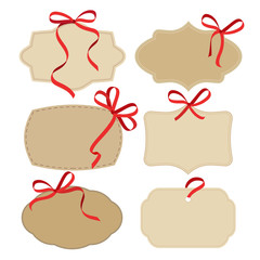 Set of blank vintage frames, labels or stickers with red ribbons. Isolated vector collection.