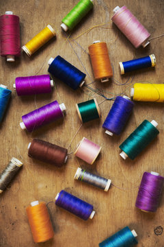 Collection of embroidery threads on tabletop