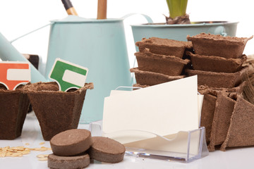 Gardening tools and seedlings.