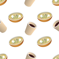 Vector seamless pattern with cup of coffee and plate of soup