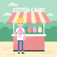 Walking in the park. Young blond boy eating a cotton candy / editable flat vector illustration