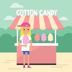 Walking in the park. Young girl eating a cotton candy / editable flat vector illustration