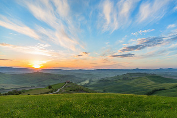 Rural landscape at sunrise in summer