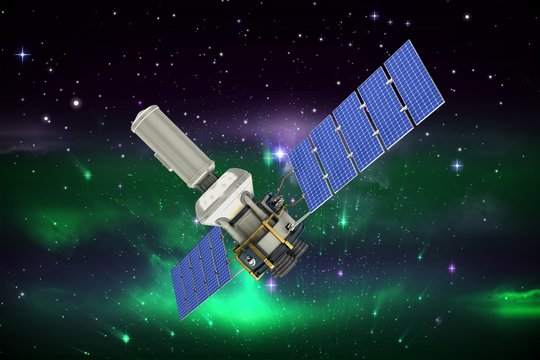 Composite image of low angle view of 3d modern solar satellite