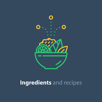Recipe and ingredients, salad bowl line icon, diet food