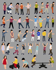 Vector illustration of a collection of isometric children, icons, happy children, jumping run, concept of childhood