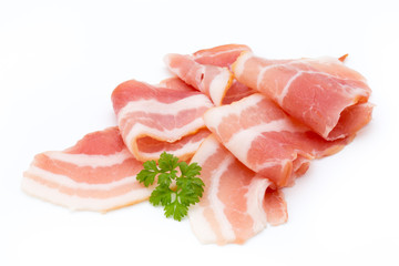 Bacon isolated on white background. Delikatese food.
