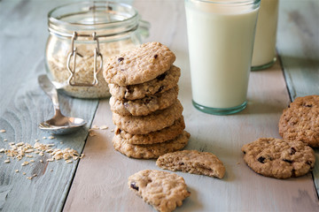 Oatmeal cookies with cranberries on wooden background 
