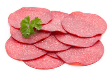 Salami smoked sausage one slice isolated on white background cutout.