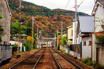 Fototapeta na wymiar Railway in Arashiyama urban city at autumn