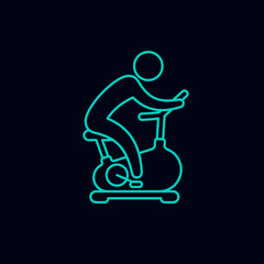Man training on exercise bike outline icon. Vector icon on black background.