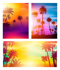 Fototapeta na wymiar Colorful Summer banners, tropical backgrounds set with palms, sea, clouds, sky, beach. Beautiful Summer Time cards, posters, flyers, party invitations. Summertime, template collection.