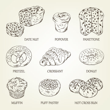 Graphic sketch of different pastry products. Vector illustration with realistic bread icons. Pastry silhouettes designed for advertising bakery, restaurant menu, logo or recipe book design.