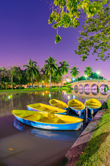 Obraz premium Boats on the lake in a park at night