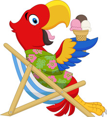 Cartoon macaw sitting on beach chair and eating an ice cream © tigatelu