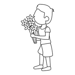 boy with flowers bouquet present outline vector illustration eps 10