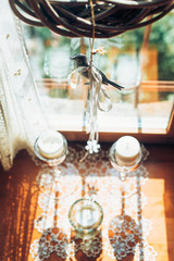 Window decorate by beautifyl wreath inside cottage.