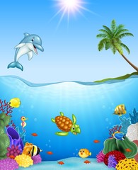 Naklejka na ściany i meble Cartoon tropical fish and beautiful underwater world 