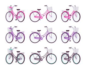 Set of female bicycles with basket in pink, purple, black colors