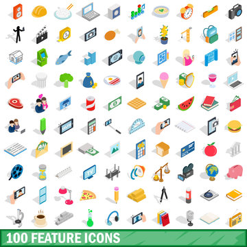 100 feature icons set, isometric 3d style