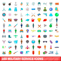 100 military service icons set, cartoon style