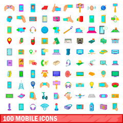 100 mobile icons set, cartoon style