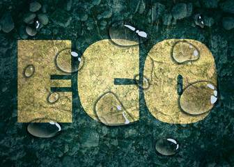 Transparent water drops on dark blue background. Concrete Wall Textured Backdrop Surface. Eco word. Yellow letters