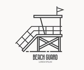 Beach lifeguard logo in thin line design. Beach guard house or tower logotype or label template. Baywatch hut vector linear illustration.