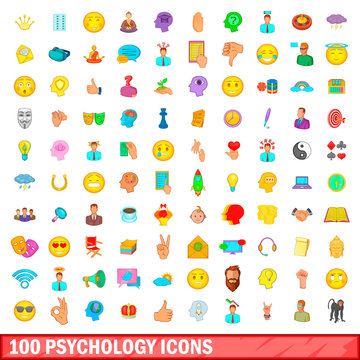 100 psychology icons set, cartoon style