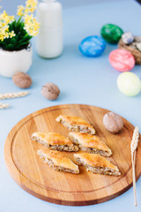 Turkish baklava made from nuts over easter table.
