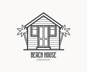 Summer bath house vector illustration. Beach house logo or label template in linear style. Travel agency logotype in thin line design. Beach hut outline icon.