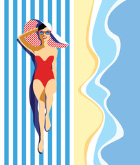     Beautiful young woman tanning, with sunglasses, hat, at the beach, retro style. Pop art. Summer holiday. Vector eps10 illustration 