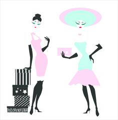 Stylish women with presents. Concept for shopping, valentine's day, woman's day. Vector Illustration