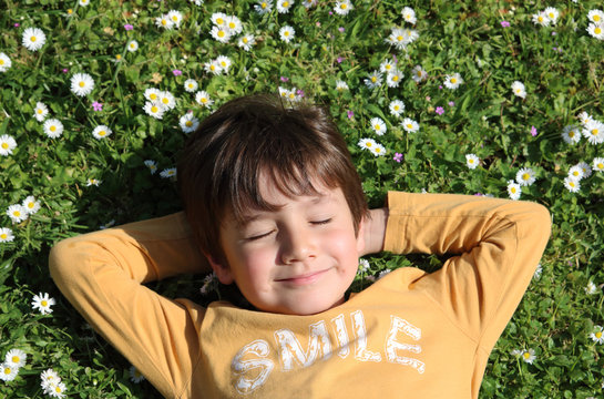 happy little kid lying in the grass with daisies