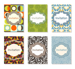 Invitation card design template set. Editable layout for birthday, party invitation, wedding, baby shower, valentines day. Trendy geometric memphis style pattern background