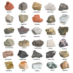 Mineral and stone set isolated on white. Iron ore, sandstone, bauxite, phosphorite, and other...