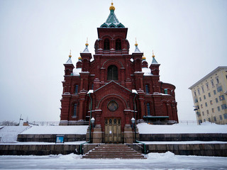 Facade of Uspenski Church in Helsinki, Finland.