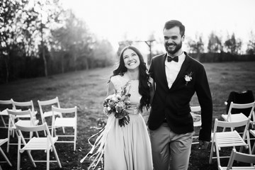 Happy bride and groom after wedding ceremony